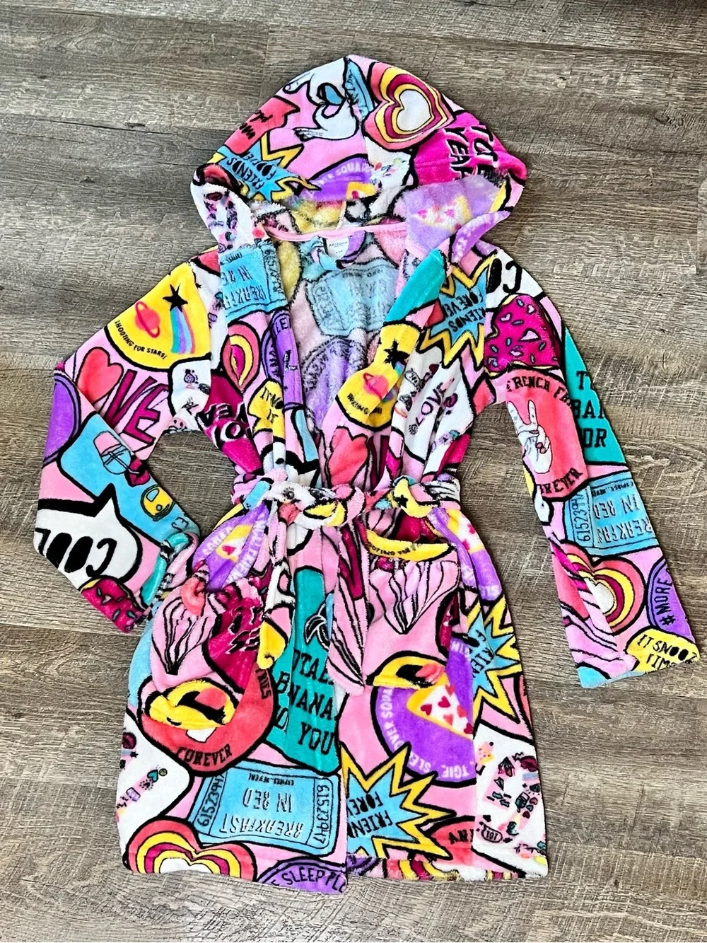 Arizona Girls 7/8 Plush Fleece Hooded Robe Pink Multicolor Pop Art Cozy